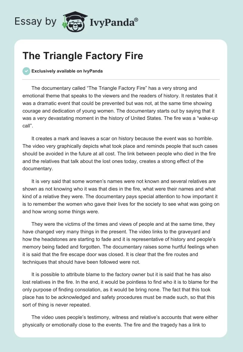 The Triangle Factory Fire 551 Words Essay Example