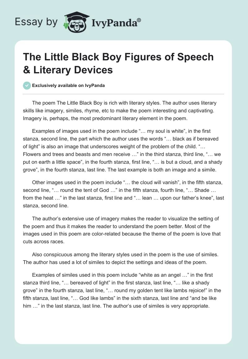 The Little Black Boy Figures of Speech & Literary Devices Essay