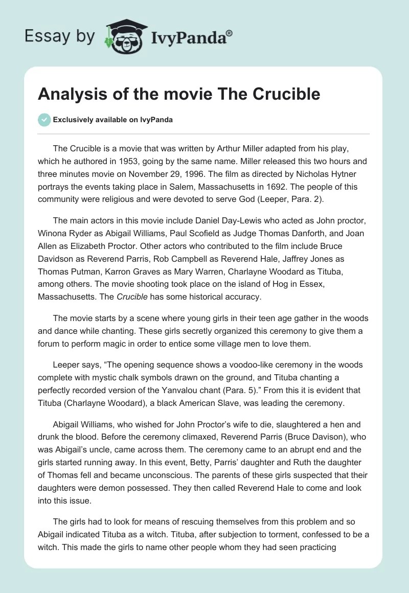 Analysis of the movie The Crucible 1098 Words Essay Example