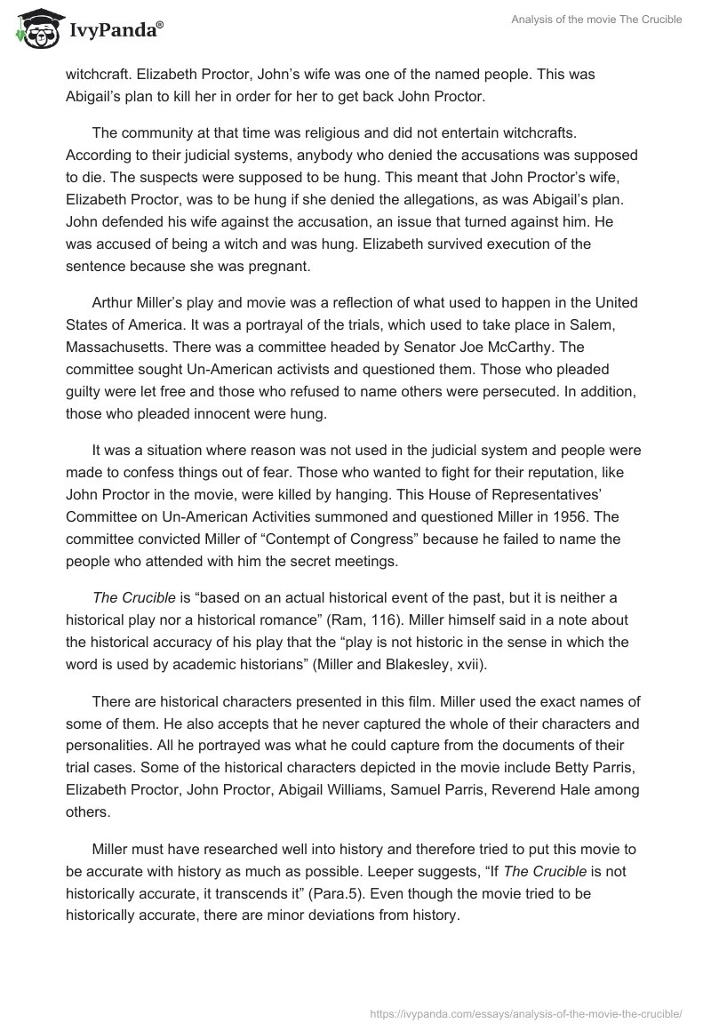 Analysis of the movie The Crucible 1098 Words Essay Example