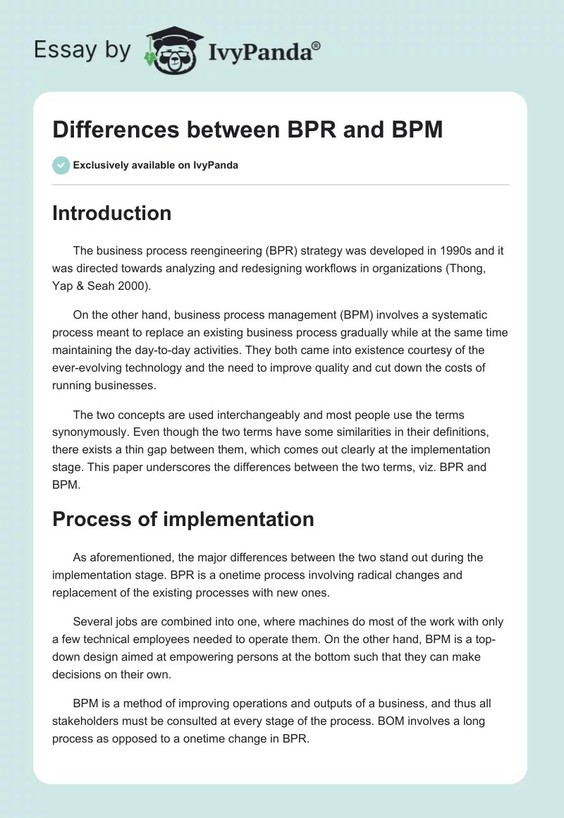 Differences between BPR and BPM - 1368 Words | Essay Example