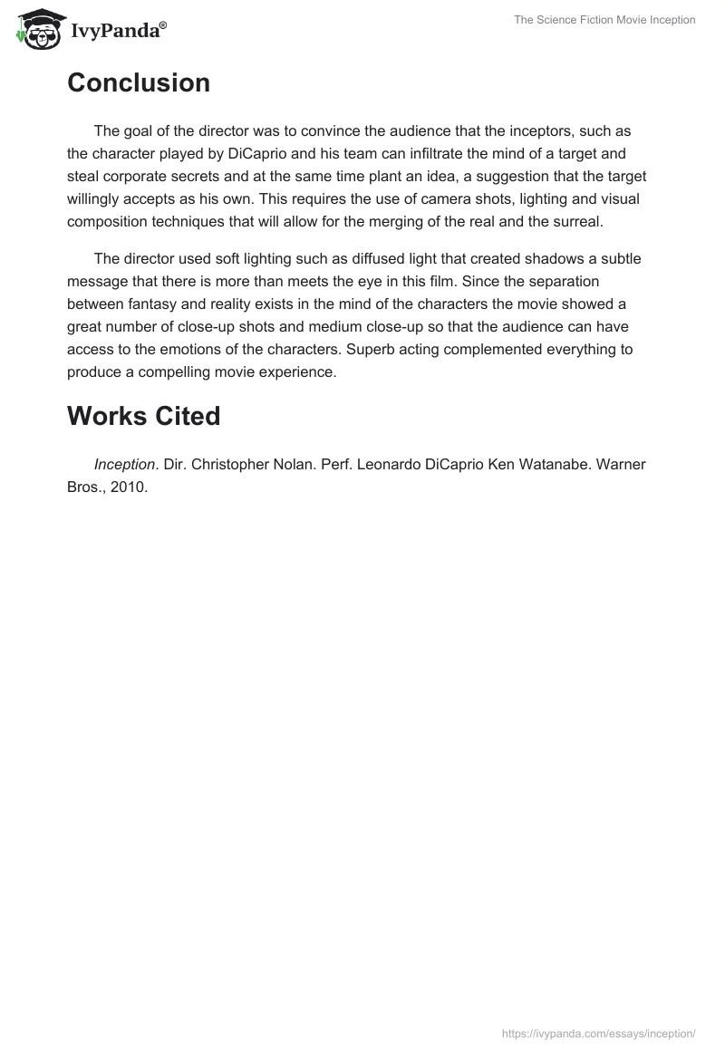 The Science Fiction Movie "Inception" 912 Words Essay Example