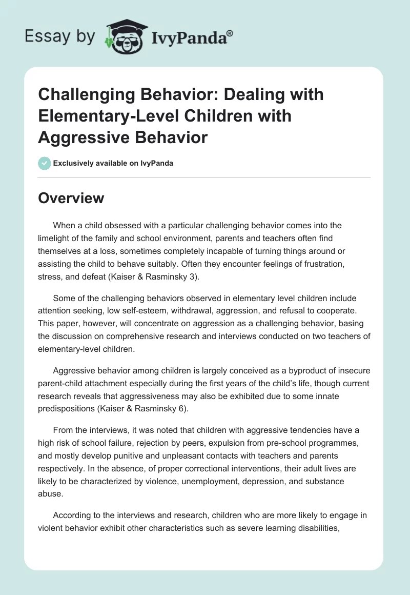 Challenging Behavior Dealing with ElementaryLevel Children with