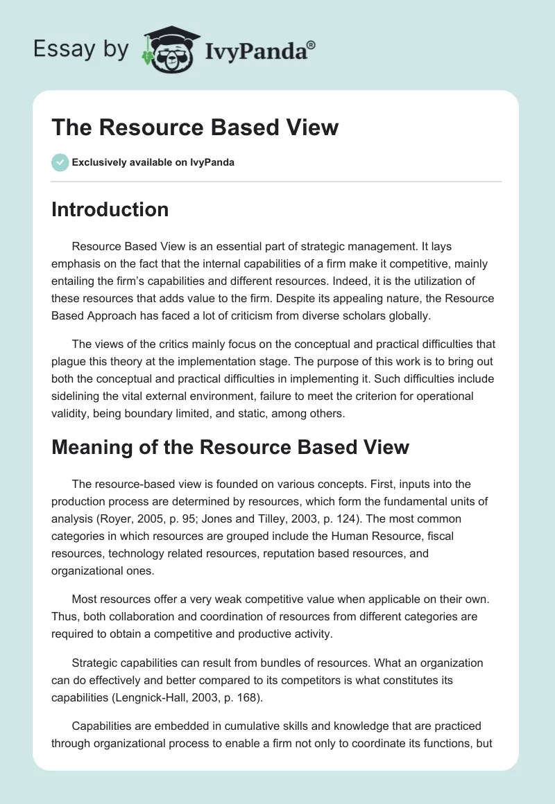 The Resource Based View 4177 Words Essay Example