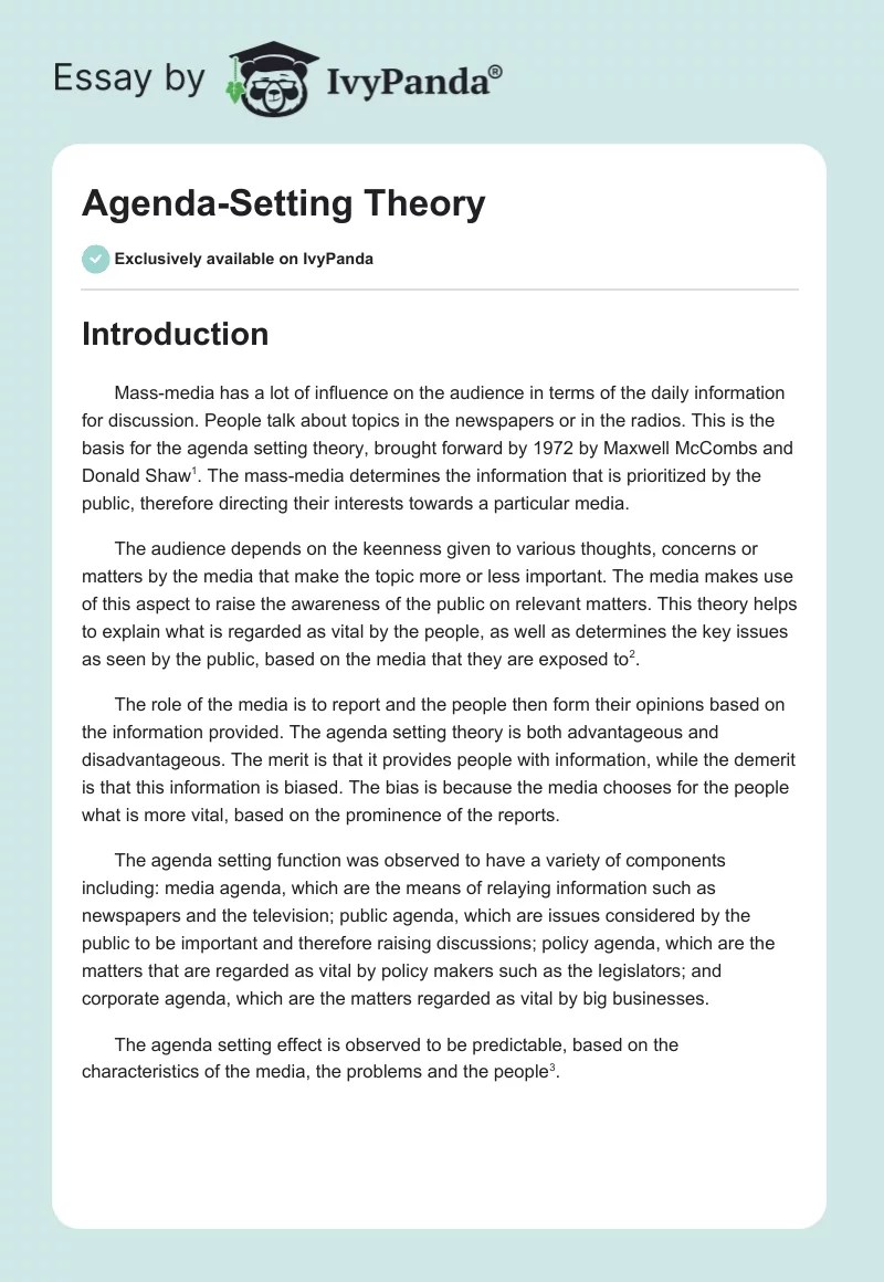 AgendaSetting Theory 1576 Words Essay Example
