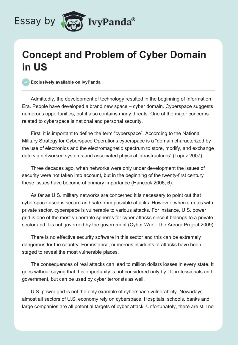 Concept and Problem of Cyber Domain in US 579 Words Essay Example