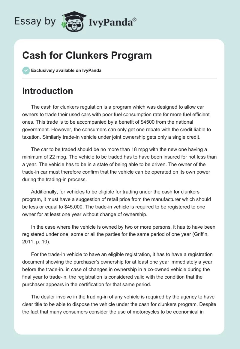 Cash for Clunkers Program 921 Words Term Paper Example