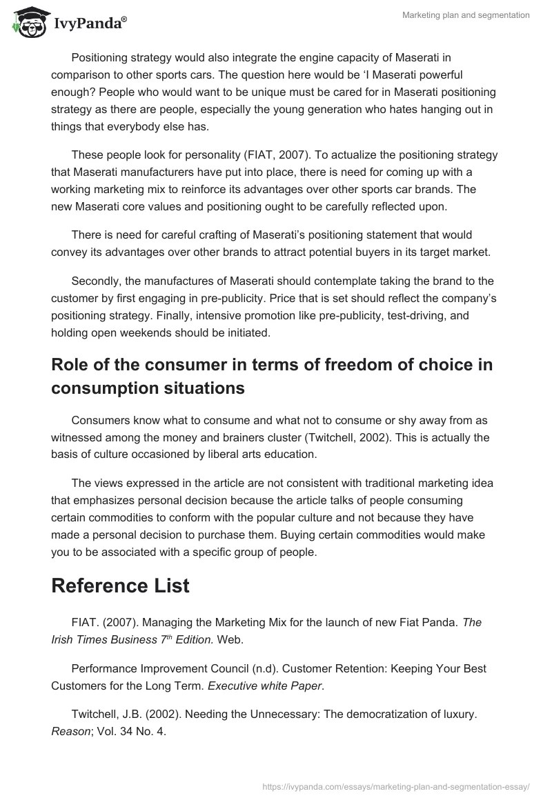 Marketing plan and segmentation 960 Words Essay Example