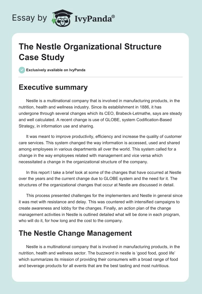 The Nestle Organizational Structure Case Study