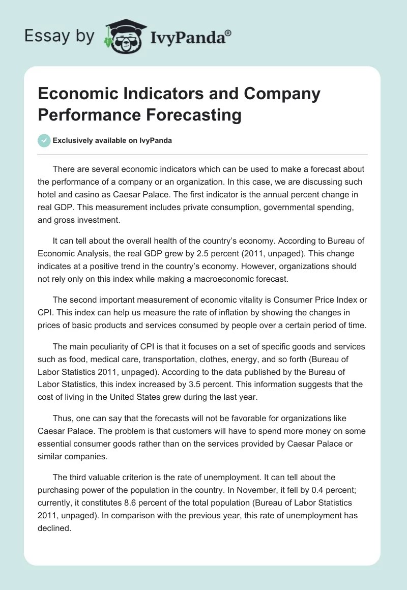 Economic Indicators and Company Performance Forecasting 568 Words