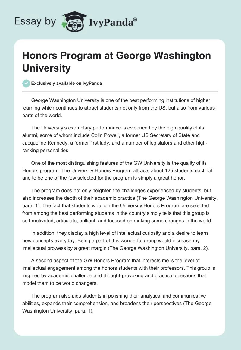 Honors Program at Washington University 357 Words Essay Example