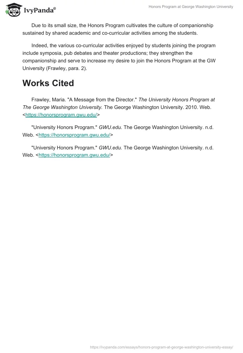 Honors Program at Washington University 357 Words Essay Example