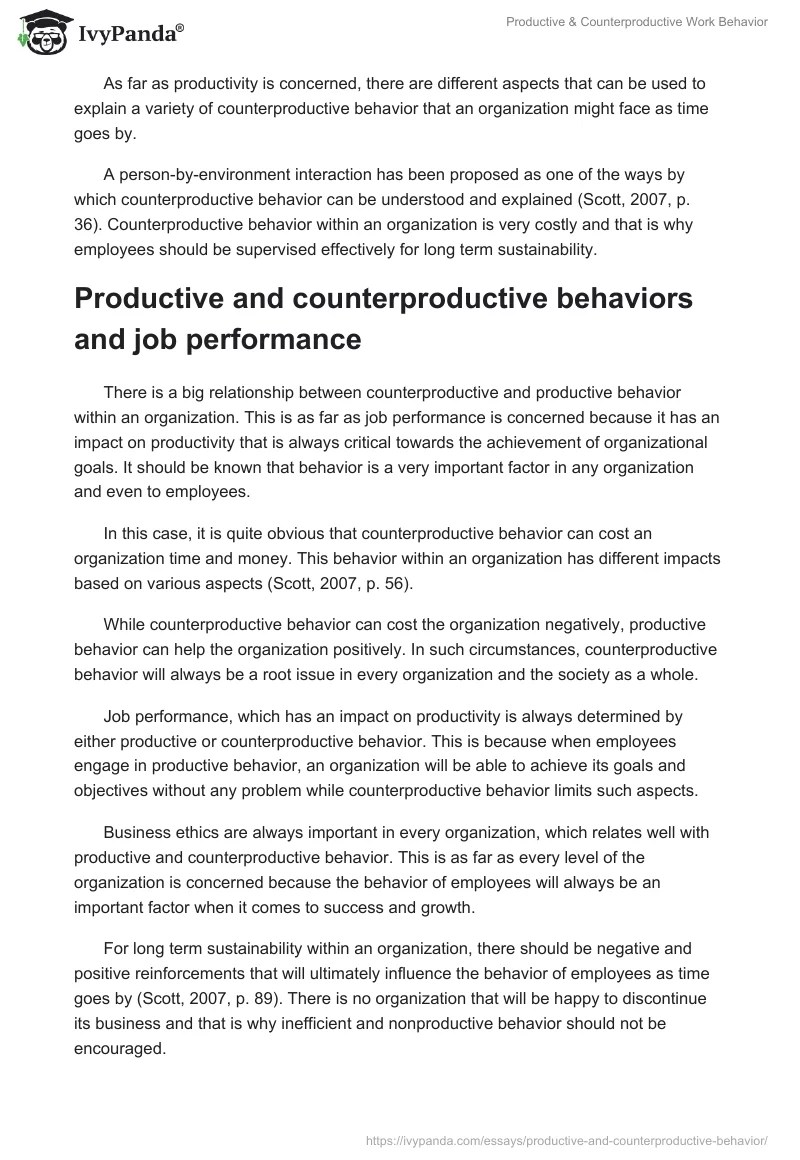 Productive & Counterproductive Work Behavior 634 Words Essay Example