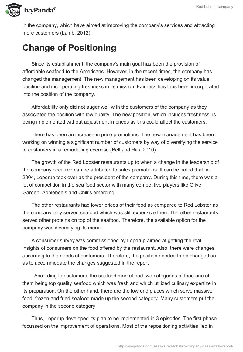 Red Lobster company Case study 1662 Words Report Example