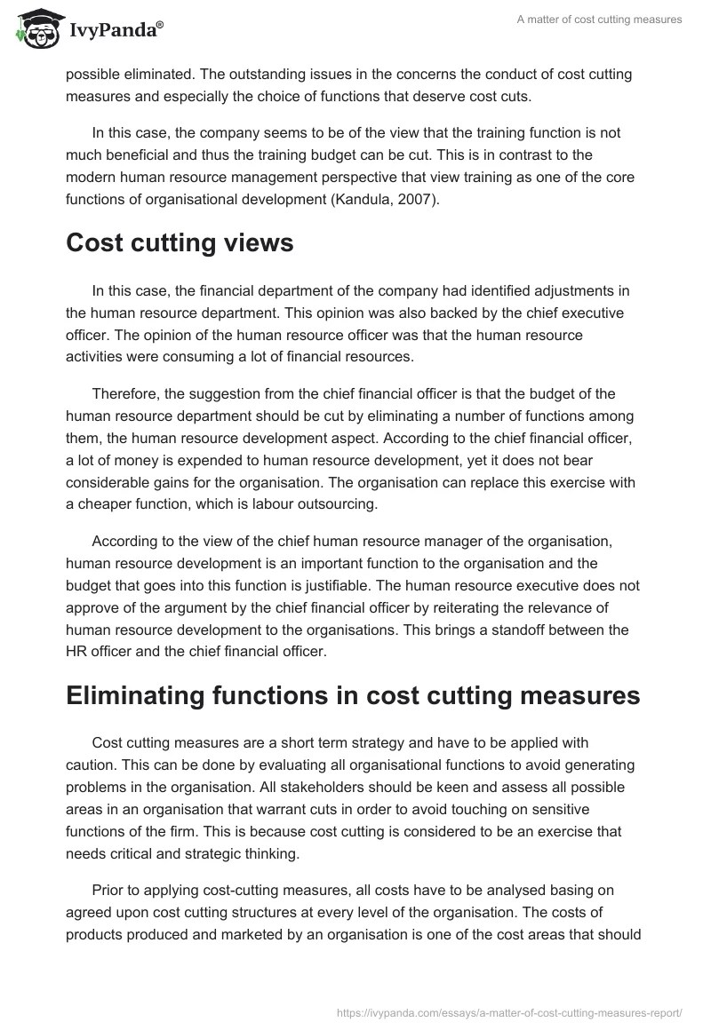 A matter of cost cutting measures 2022 Words Report Example