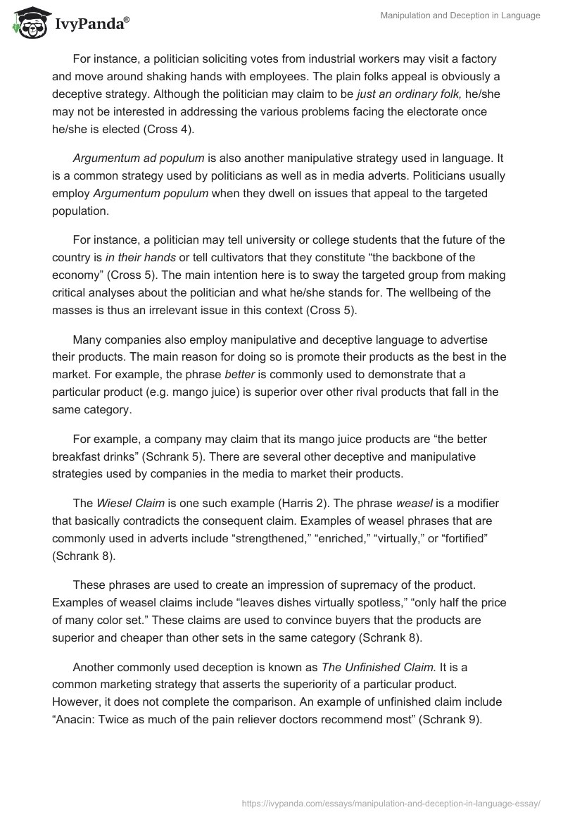 Manipulation and Deception in Language 892 Words Essay Example