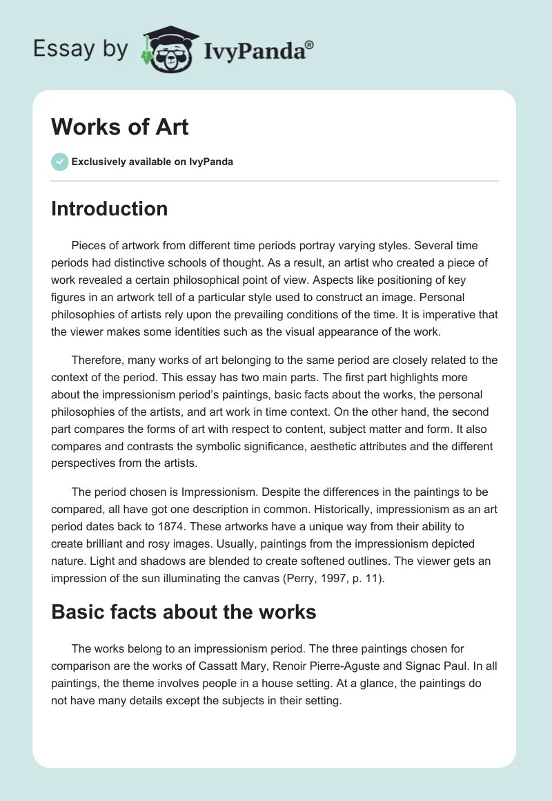 Works of Art 1256 Words Essay Example