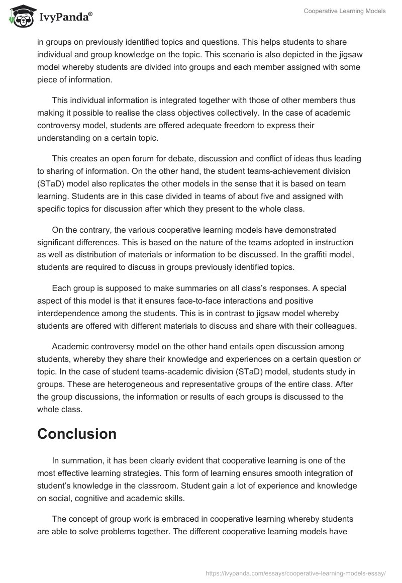 Cooperative Learning Models 717 Words Essay Example