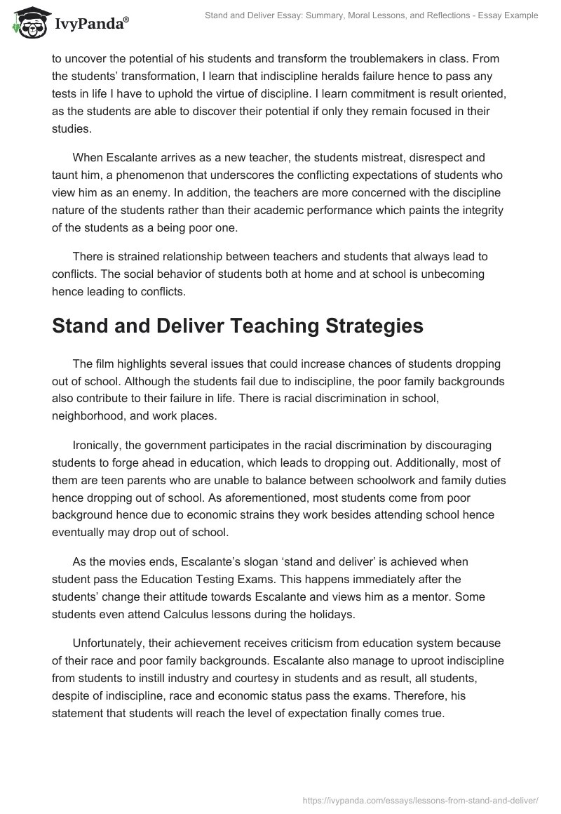 Stand and Deliver Essay Summary and Moral Lessons, and Reflections