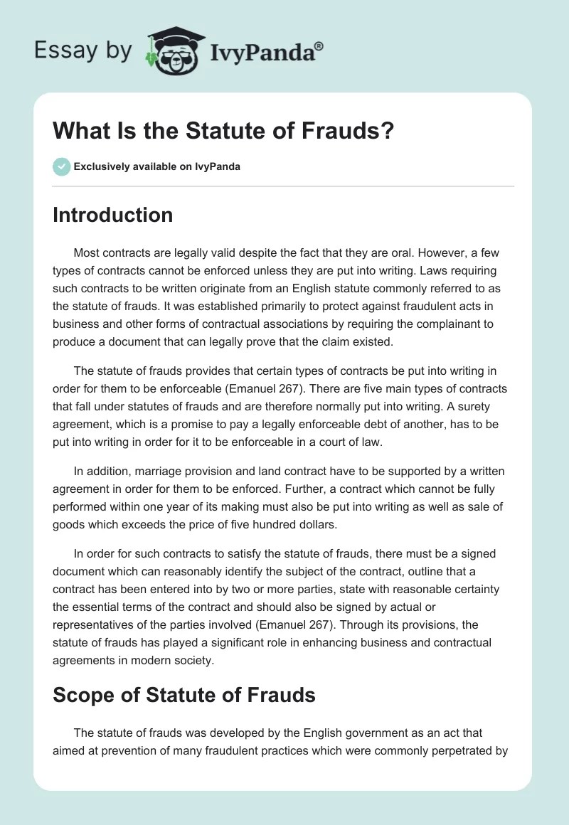 What Is the Statute of Frauds? 1361 Words Research Paper Example