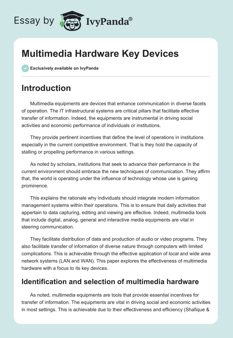 Multimedia Hardware Key Devices 1692 Words Report Example