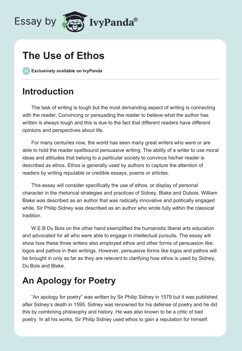 The Use of Ethos 1446 Words Essay Example