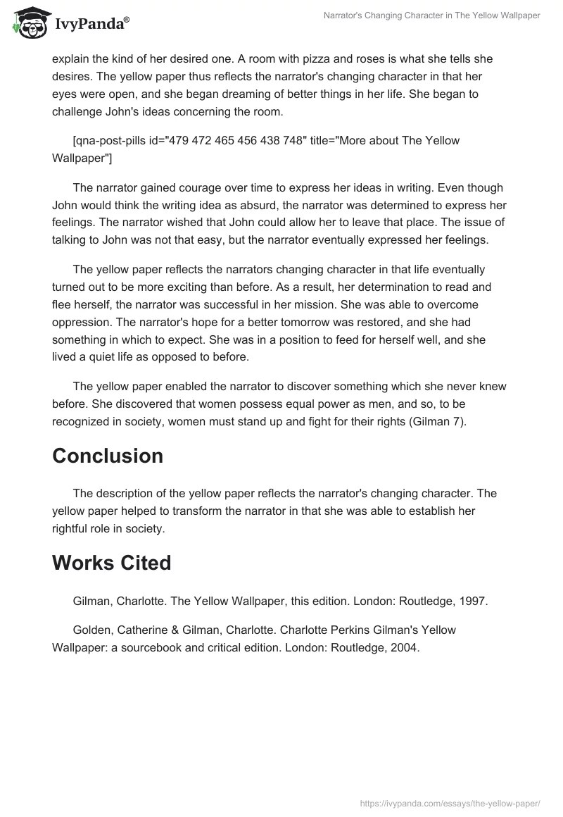 Narrator's Changing Character in "The Yellow Wallpaper" 567 Words