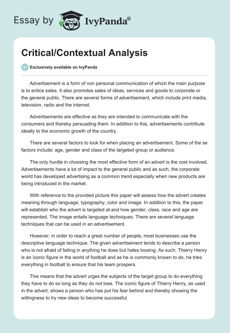 Critical/Contextual Analysis 2056 Words Essay Example