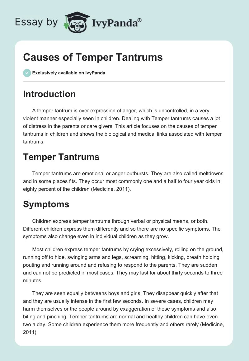 Causes of Temper Tantrums 1415 Words Research Paper Example