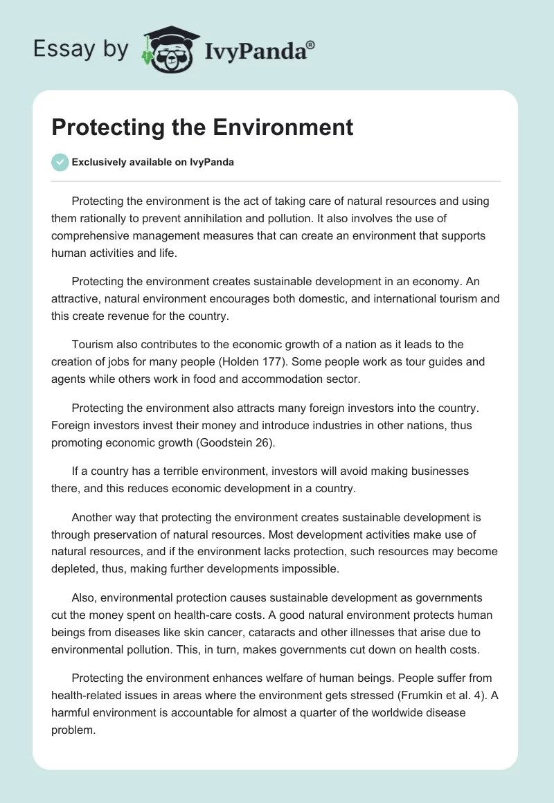 Protecting the Environment 823 Words Essay Example