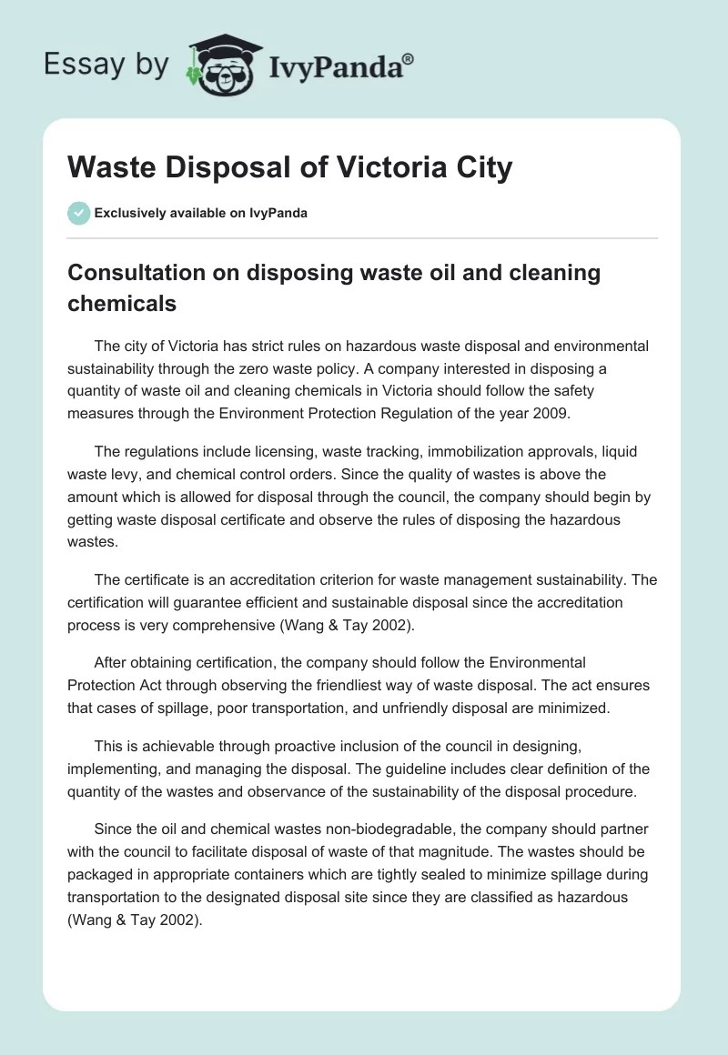 Waste Disposal of Victoria City 517 Words Essay Example