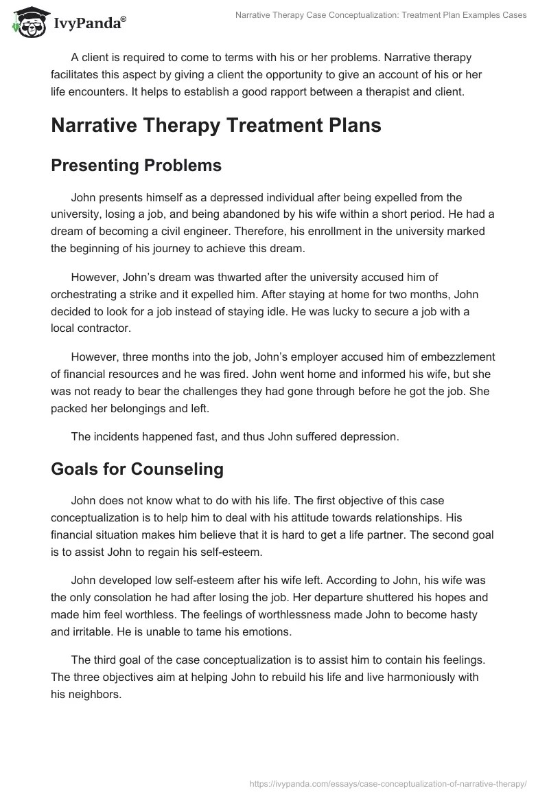Narrative Therapy Case Conceptualization Treatment Plan Examples