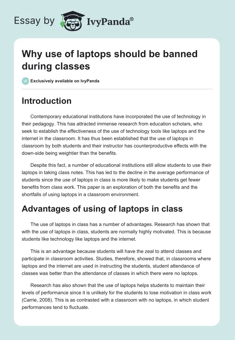Why use of laptops should be banned during classes 1636 Words Essay