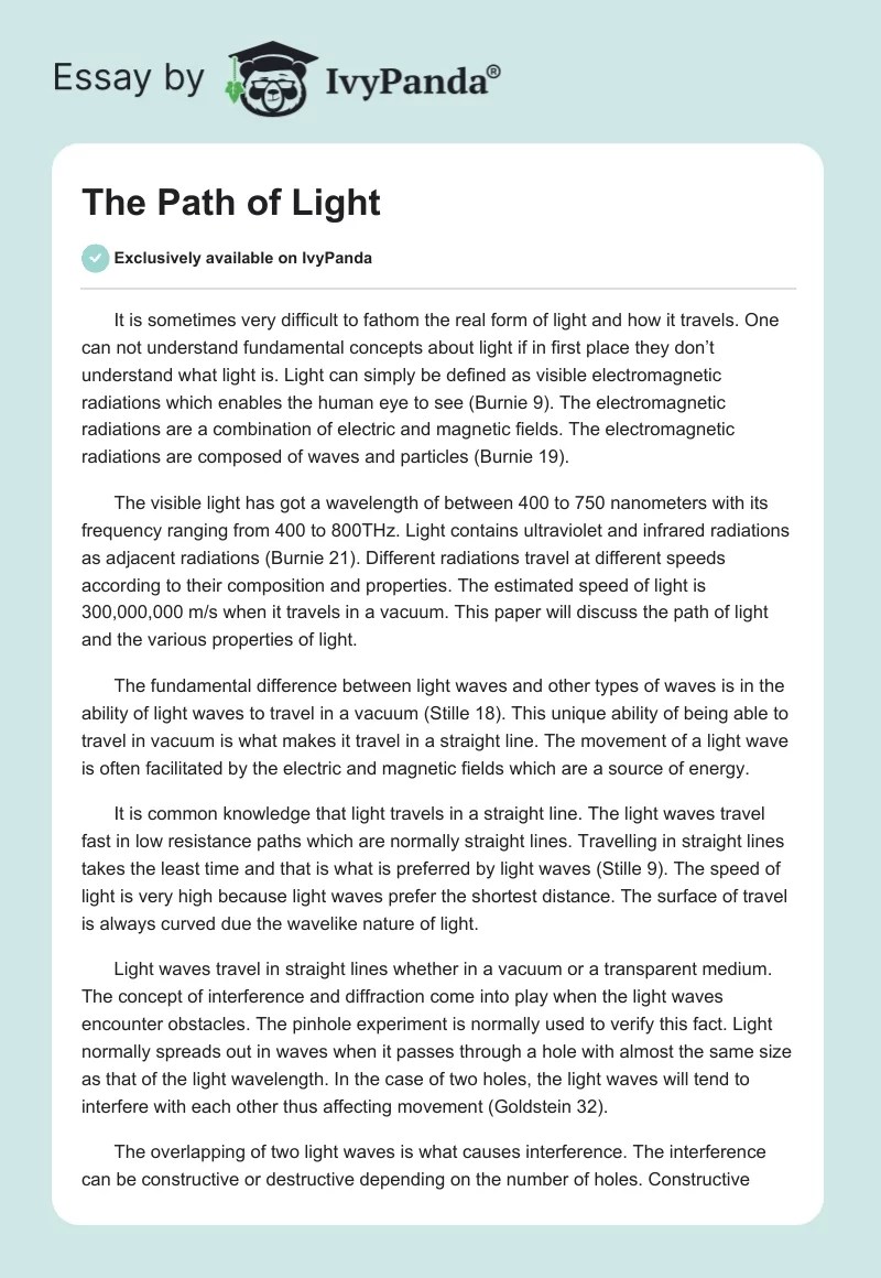 The Path of Light 1322 Words Research Paper Example