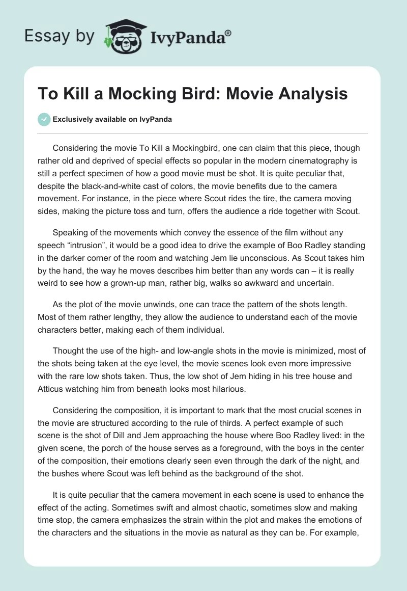 To Kill a Mockingbird Movie Analysis 575 Words Critical Writing