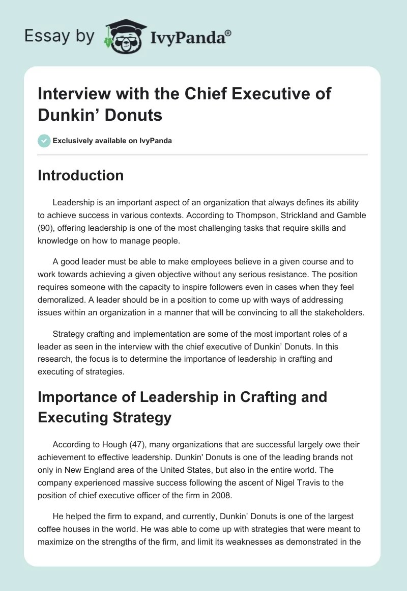 Interview with the Chief Executive of Dunkin' Donuts 1400 Words