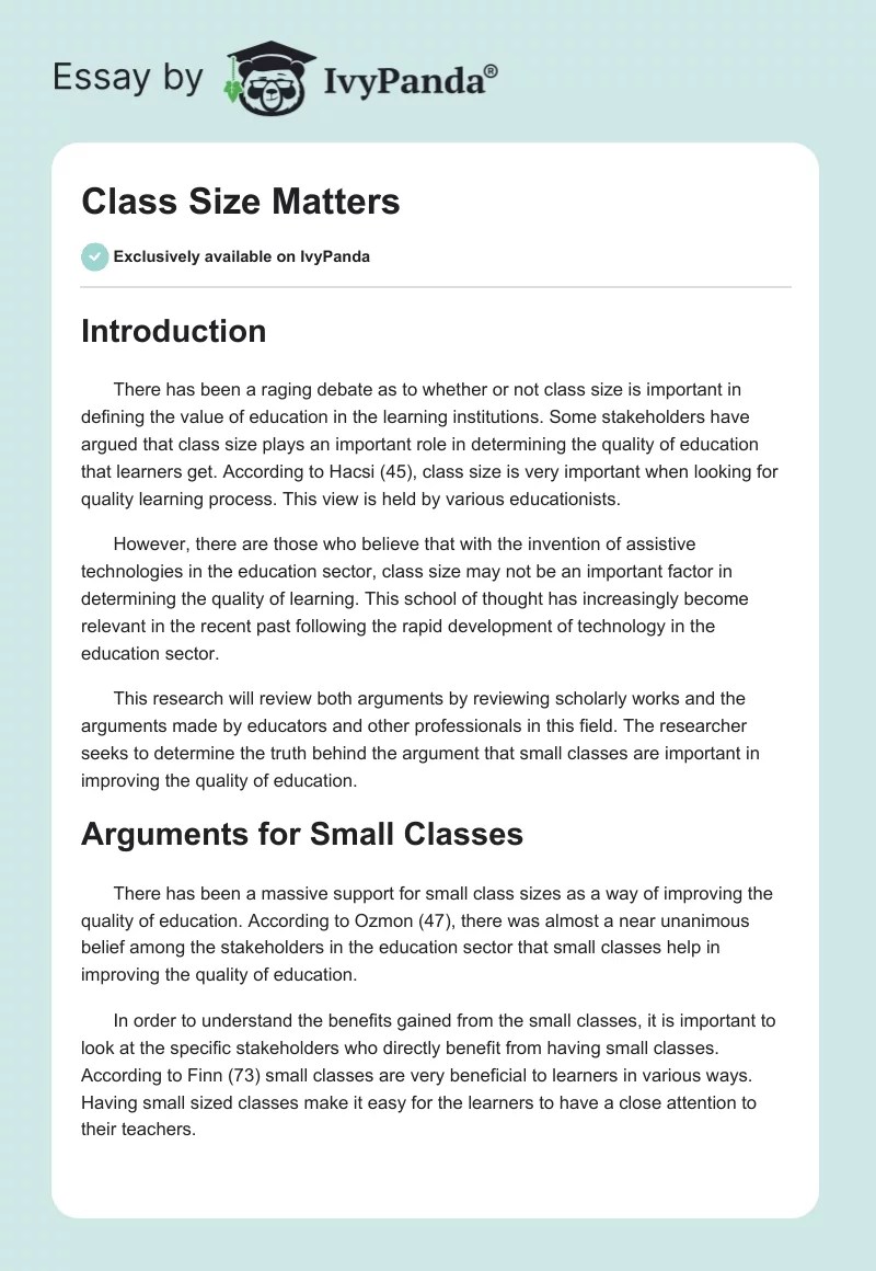 Class Size Matters 1413 Words Critical Writing Example