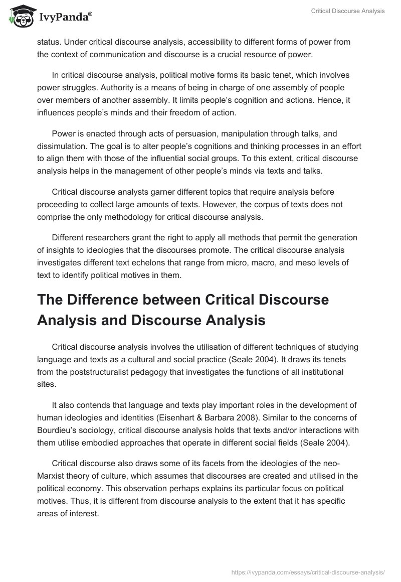 Critical Discourse Analysis 2503 Words Essay Example