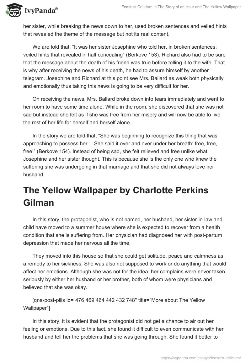 Feminist Criticism in "The Story of an Hour" and "The Yellow Wallpaper" 902 Words Essay Example