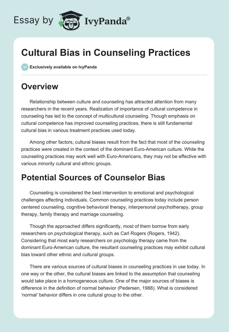 Cultural Bias in Counseling Practices 689 Words Essay Example