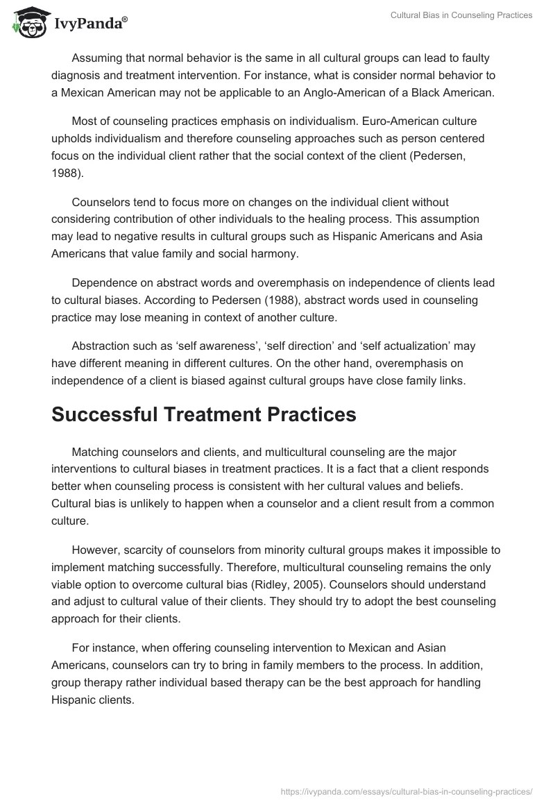 Cultural Bias in Counseling Practices 689 Words Essay Example