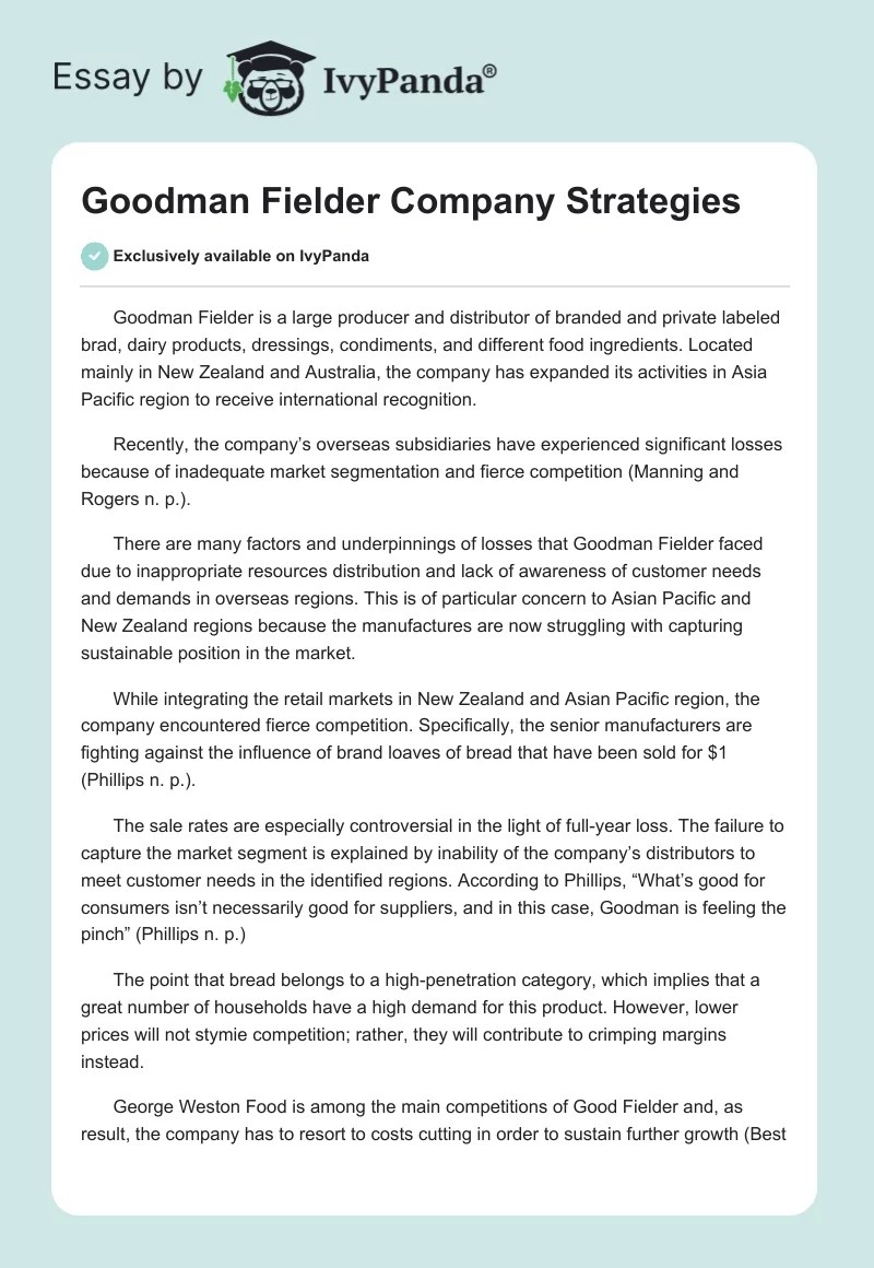 Goodman Fielder Company Strategies 832 Words Report Example