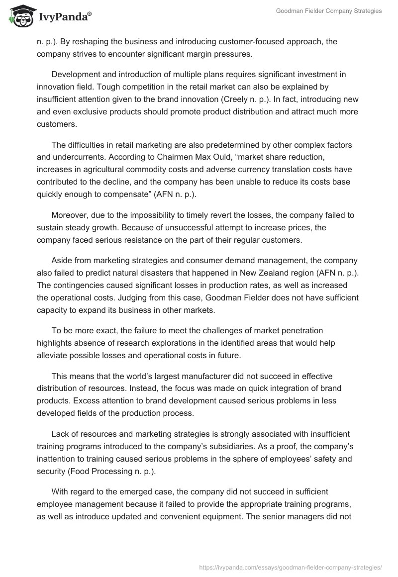 Goodman Fielder Company Strategies 832 Words Report Example
