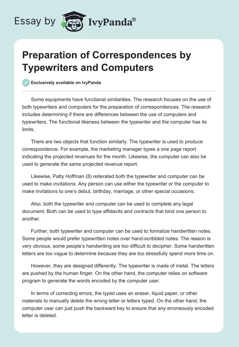 Preparation of Correspondences by Typewriters and Computers 891 Words