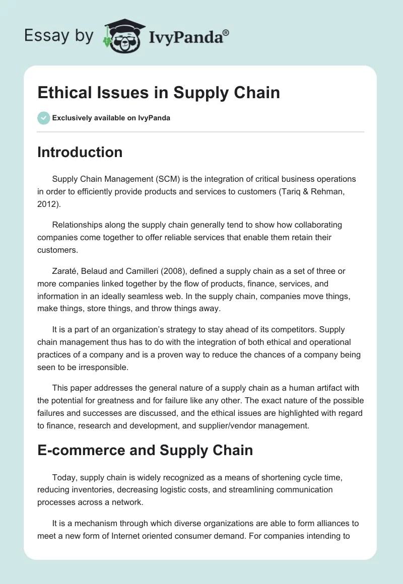 Ethical Issues in Supply Chain 2220 Words Essay Example