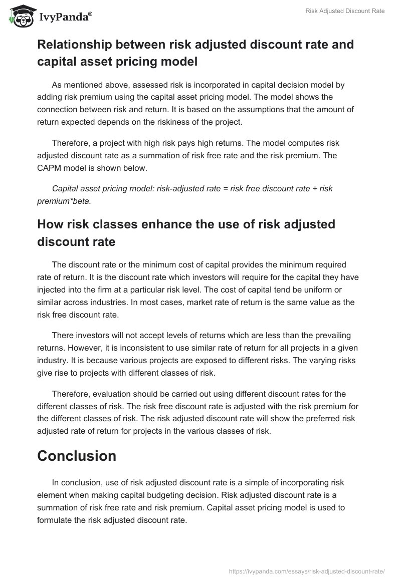 Risk Adjusted Discount Rate 614 Words Essay Example