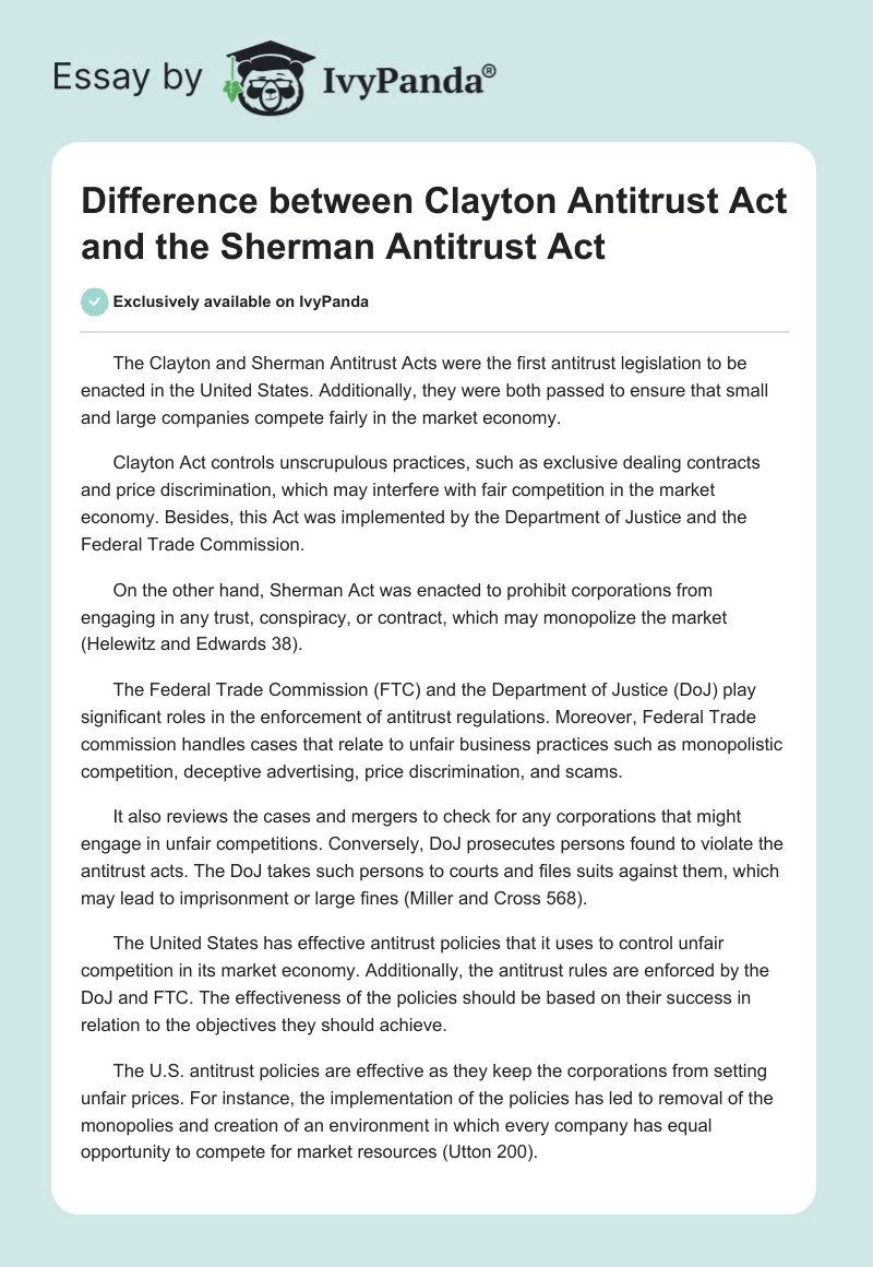 Difference between Clayton Antitrust Act and the Sherman Antitrust Act