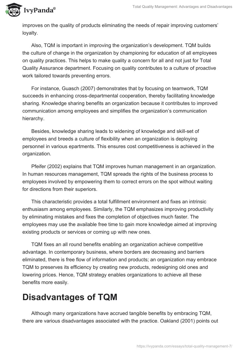 Total Quality Management Advantages and Disadvantages 1178 Words