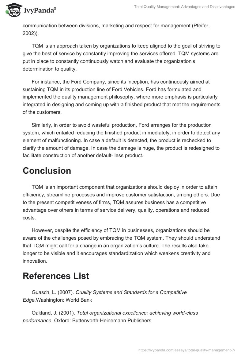 Total Quality Management Advantages and Disadvantages 1178 Words