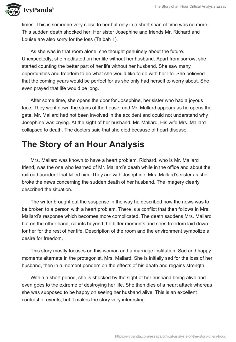 The Story of an Hour Critical Analysis Essay 1467 Words